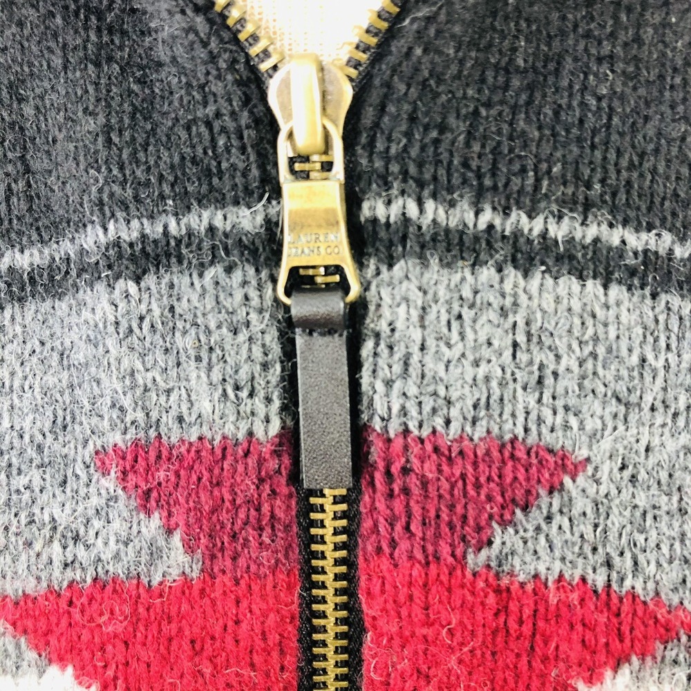 Lauren Ralph Lauren Knit Lambs Wool Full Zip Sweater Cardigan Red Black Grey - Picture 3 of 5